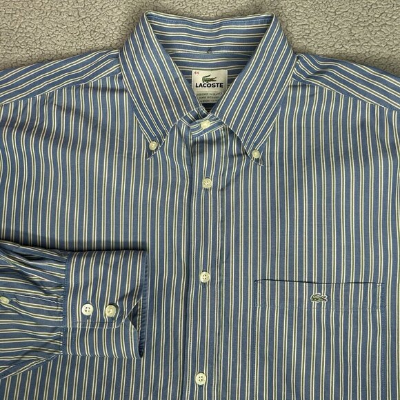 Lacoste Shirt Mens 44 Button Up Blue Green Pink Stripe Alligator Logo Preppy - Picture 1 of 12